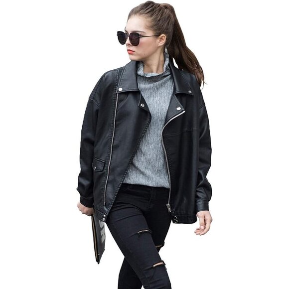 LY VAREY LIN Women Faux Leather Jacket Black Long Sleeve Lapel Collar Zip up - Picture 2 of 6